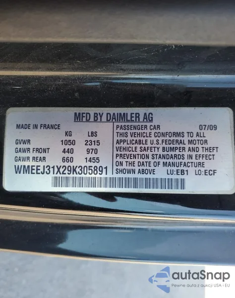 2009 Smart Fortwo Pure z USA, uszkodzony, nr VIN WMEEJ31X29K305891